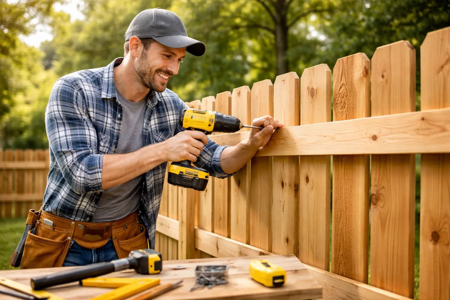 Setting a wooden fence post in concrete during a residential fence installation