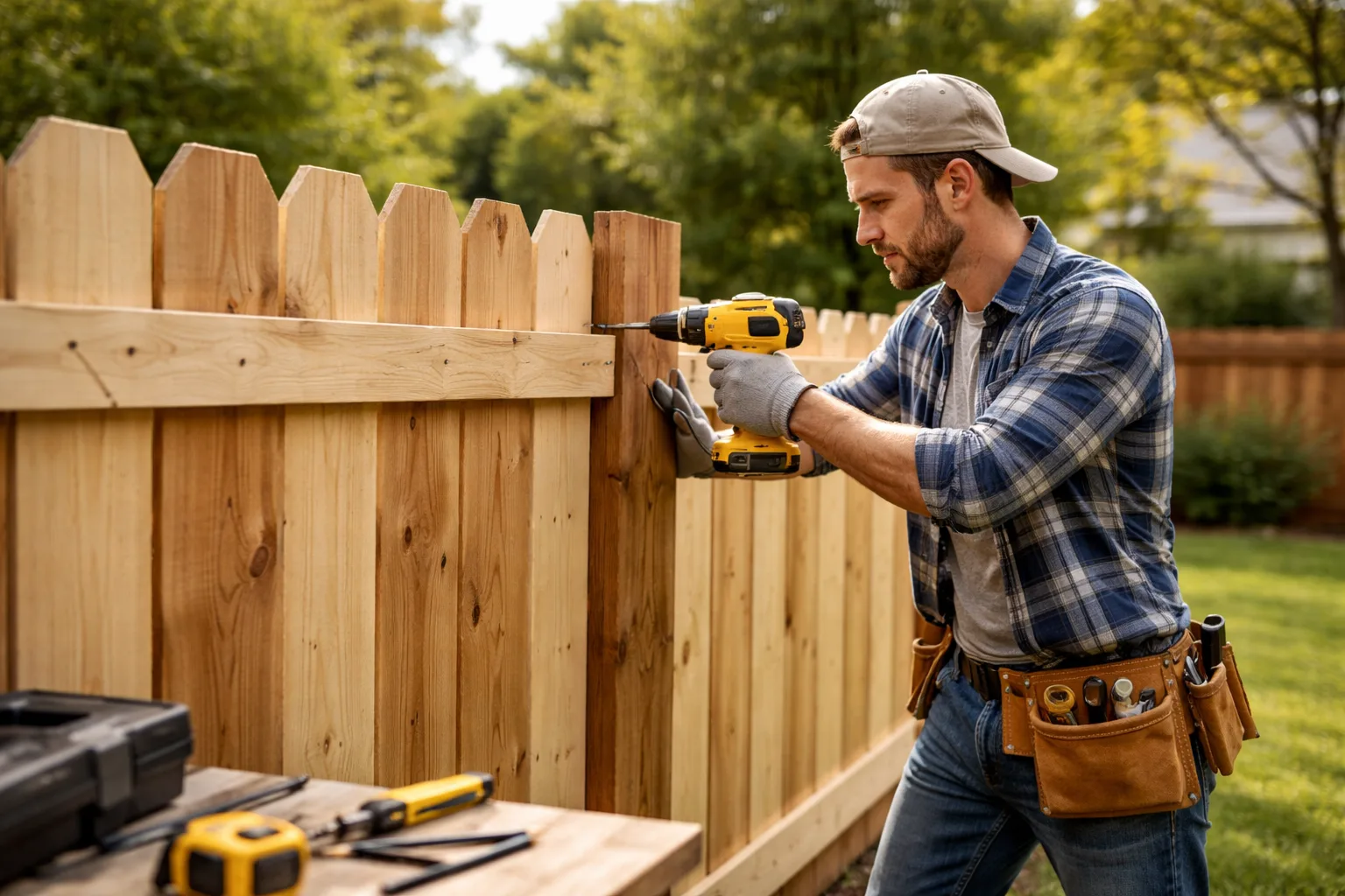 Wooden privacy fence installation in a residential backyard
