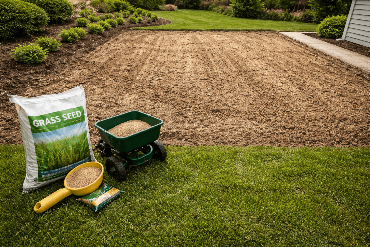 Person using a broadcast spreader to apply grass seed across a lawn during overseeding