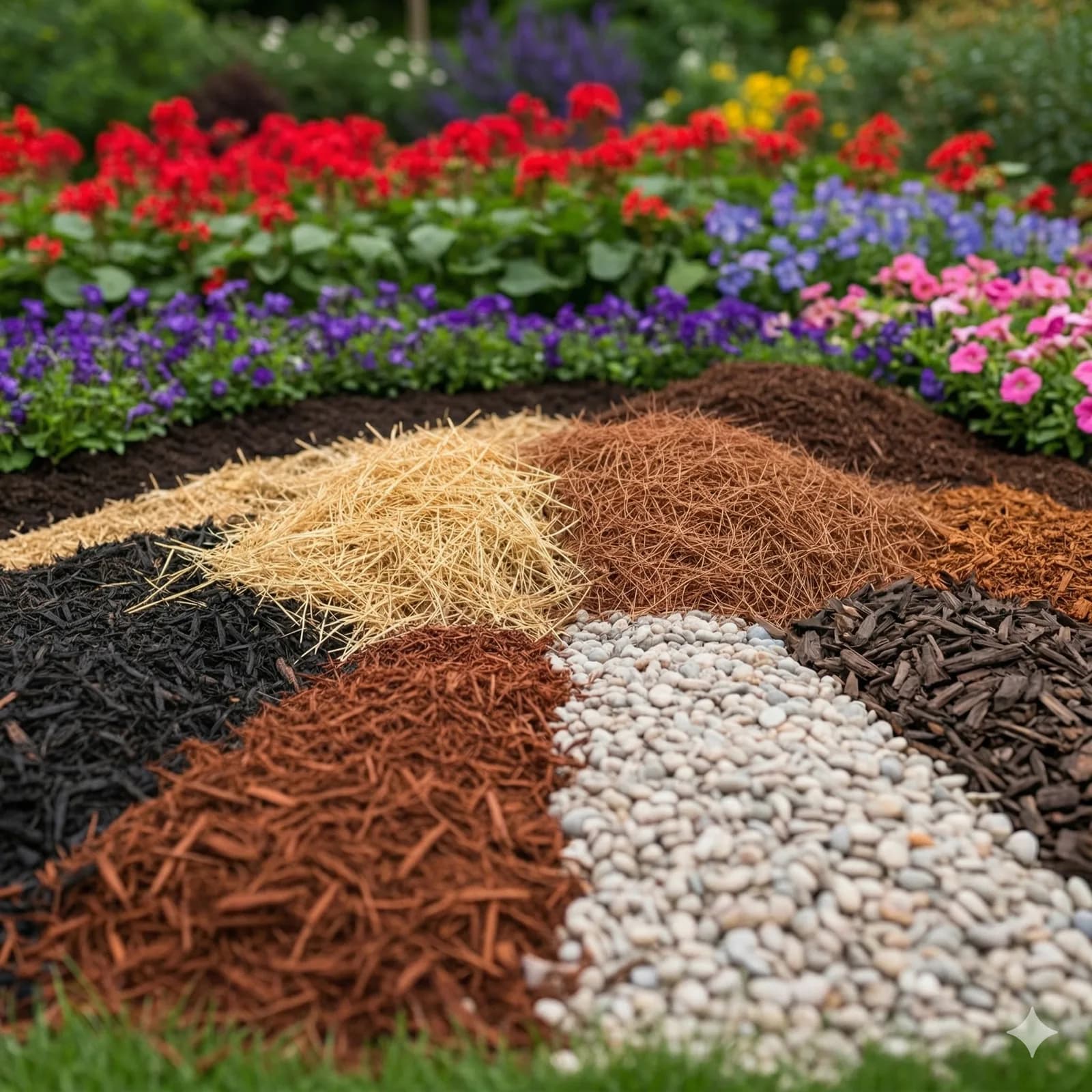 Side-by-side display of seven mulch and ground cover varieties including black mulch, pine straw, cedar, rubber, and white gravel against a colorful flower garden