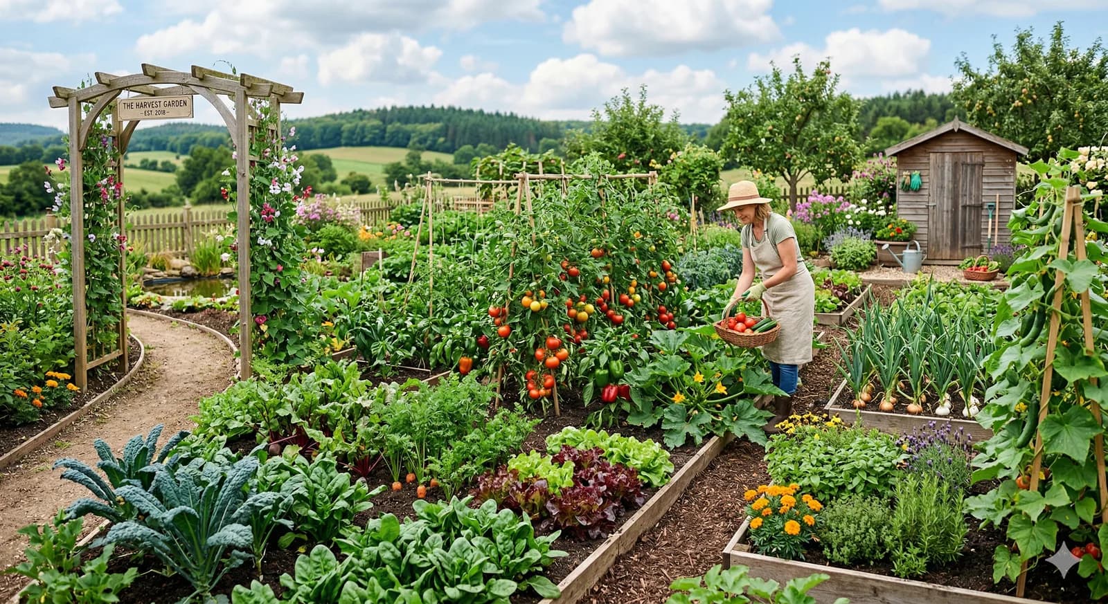 Woman harvesting ripe tomatoes in a lush cottage vegetable garden with raised beds, trellises, and a garden shed in the background