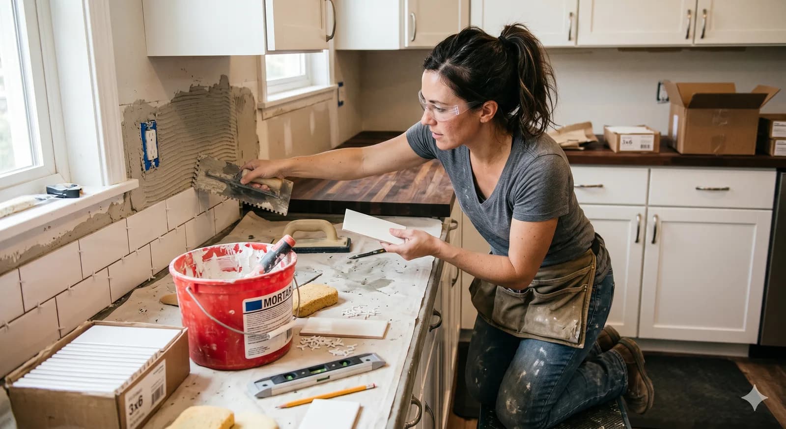 DIY tile laying showing floor tiles being set with thinset and spacers during a home installation