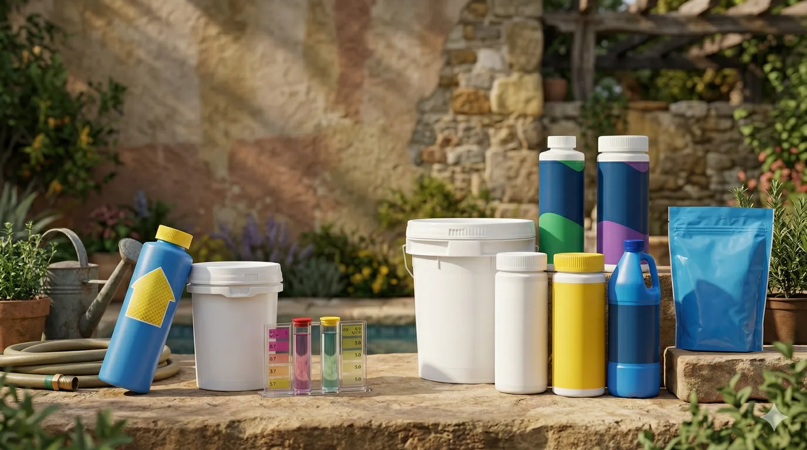 Assortment of pool chemical products including buckets, bottles, and test tubes arranged on a stone patio