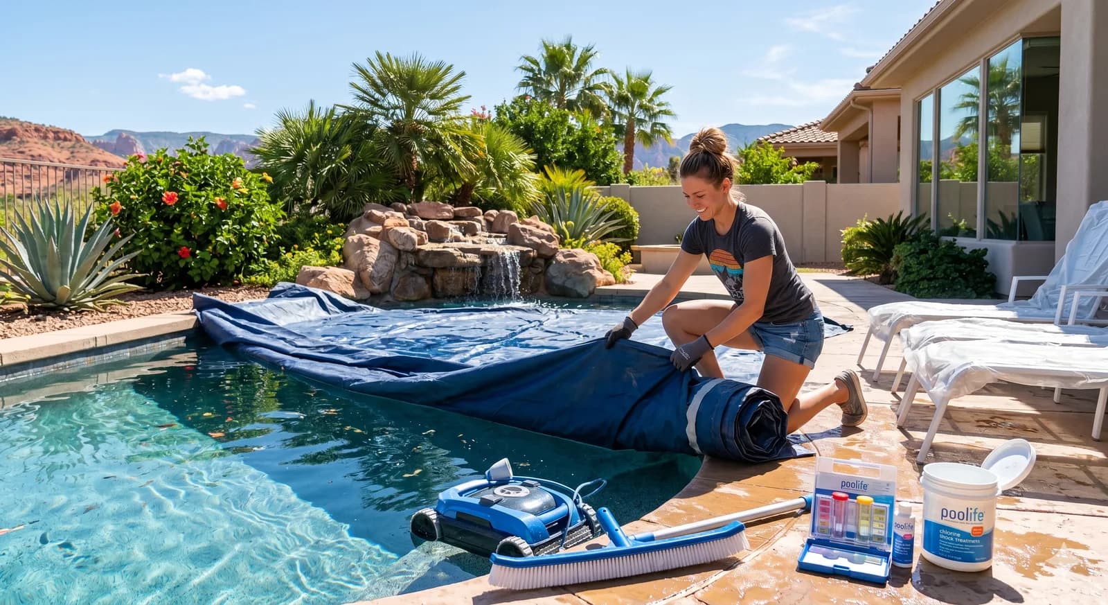 Homeowner removing a winter pool cover during pool opening day with cleaning equipment and chemicals nearby