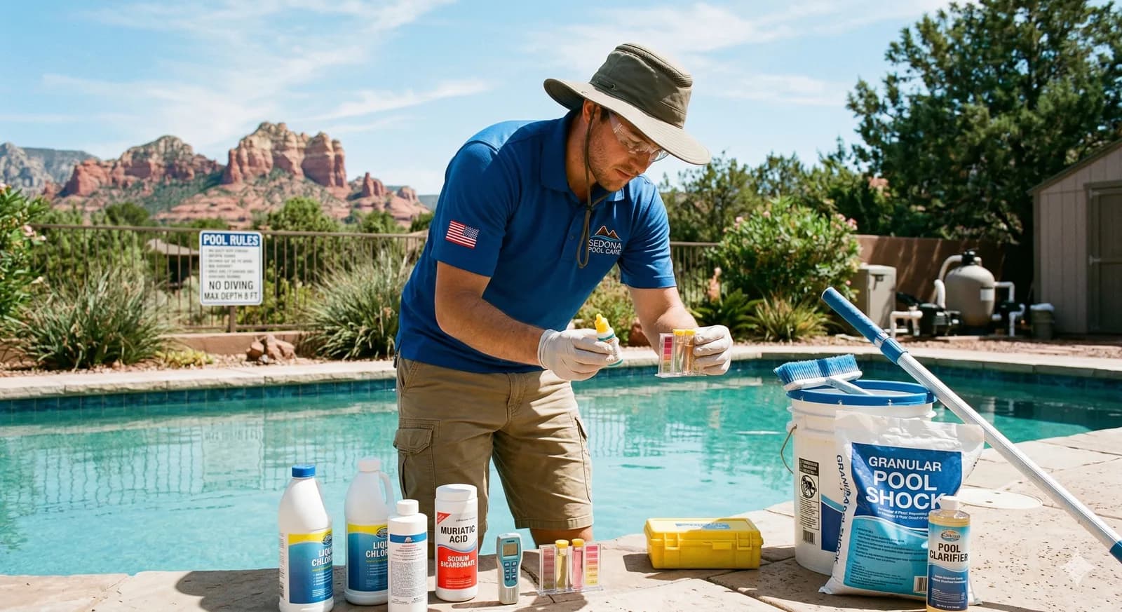 Pool technician testing water chemistry with a test kit beside pool shock and other chemicals on the pool deck