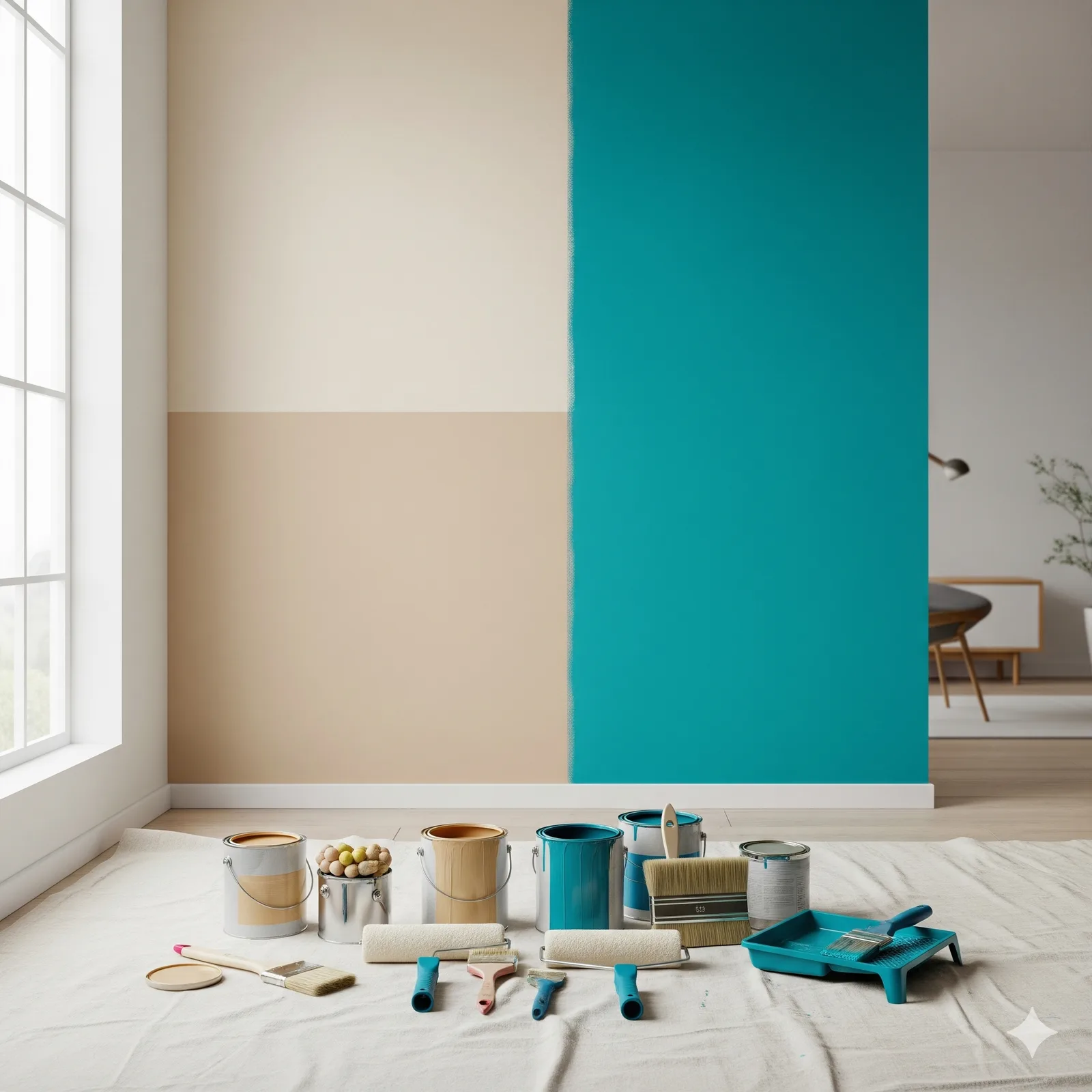 Multiple paint cans, brushes, and a roller tray arranged on a drop cloth in front of a two-tone interior wall showing color samples