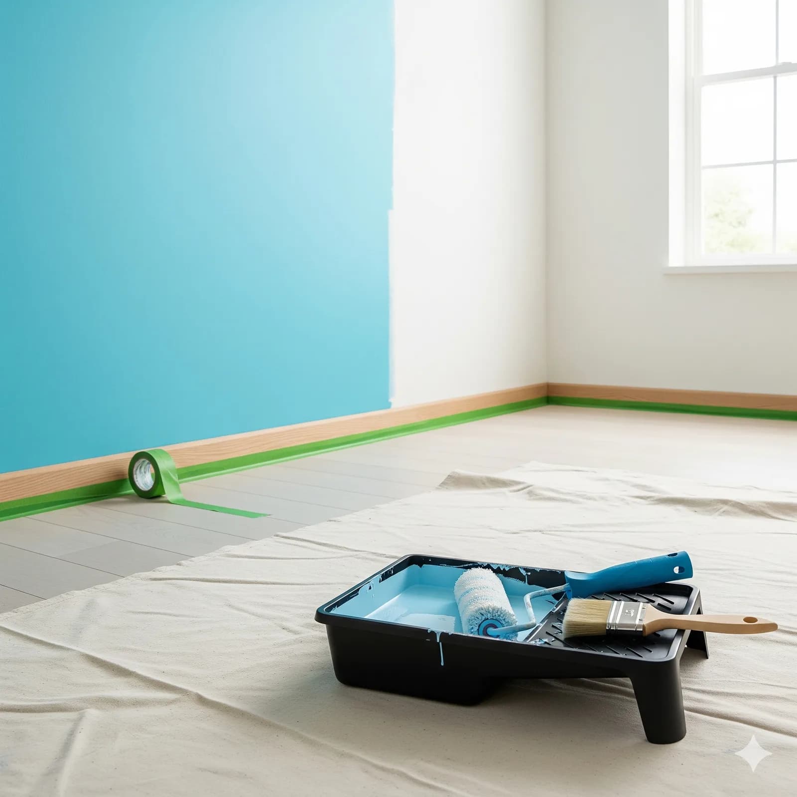 Paint roller tray with roller and brush on a drop cloth in a room being painted with a freshly rolled blue wall