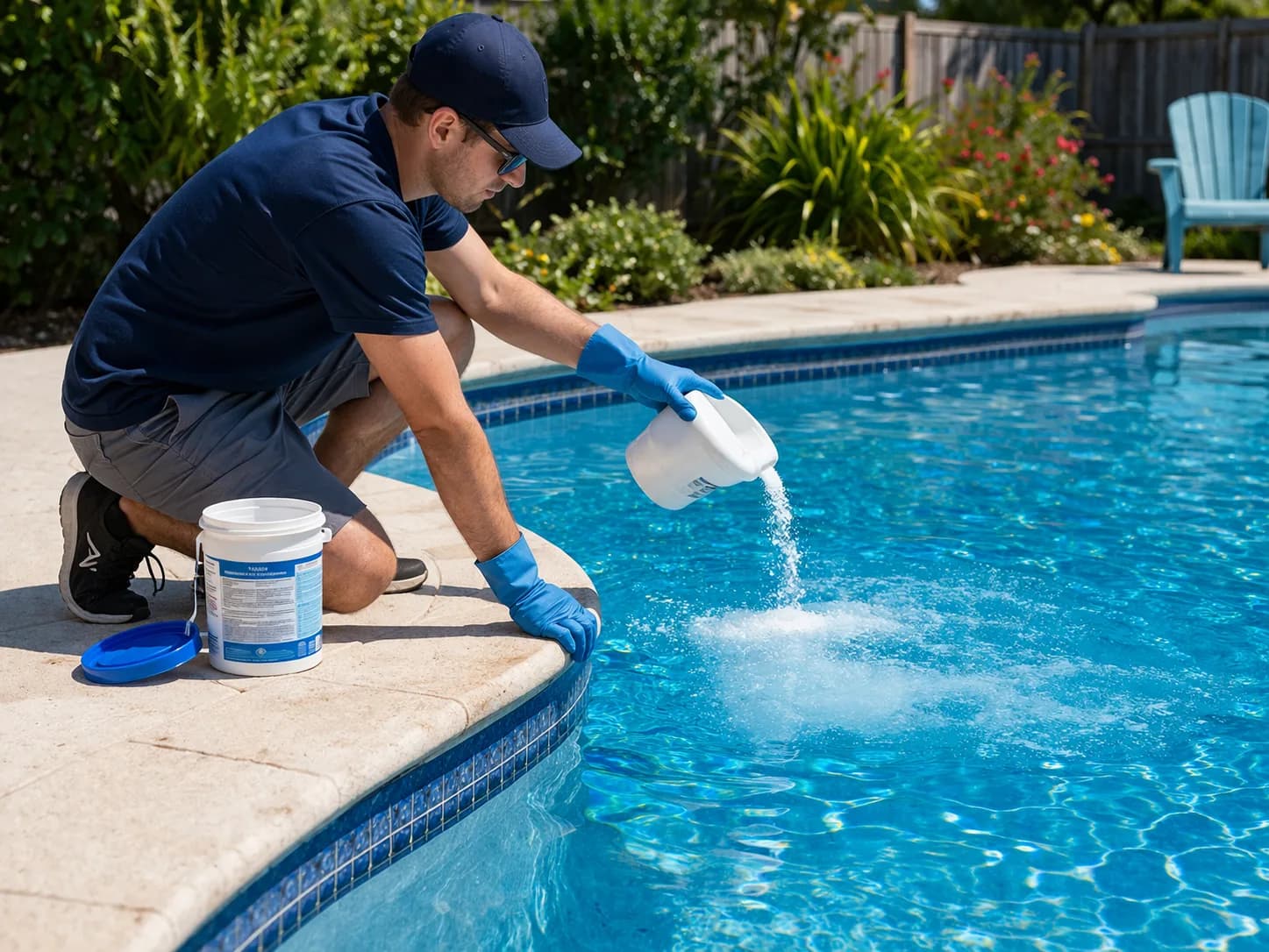 Person in gloves pouring granular pool shock chemical into a backyard swimming pool on a sunny day