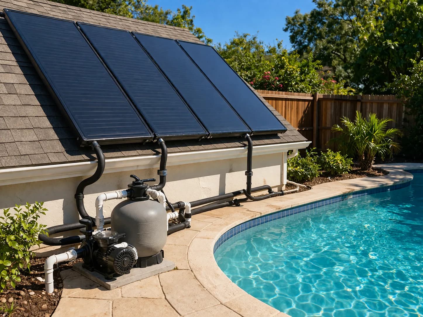 Solar panels mounted on a house roof connected to pool equipment including a sand filter and pump beside a backyard pool